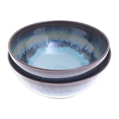Alternate image for Hand Crafted Blue Ceramic Cereal Bowls Pair Blue Crush