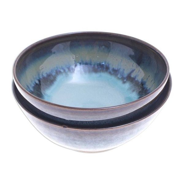 Alternate image for Hand Crafted Blue Ceramic Cereal Bowls Pair Blue Crush