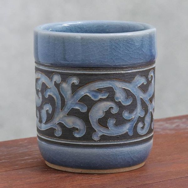 Alternate image for Ornate Blue Celadon Ceramic Teacup from Thailand Blue Kanok