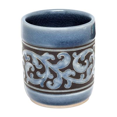 Alternate image for Ornate Blue Celadon Ceramic Teacup from Thailand Blue Kanok