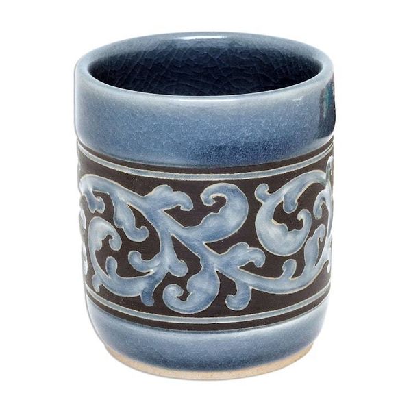Alternate image for Ornate Blue Celadon Ceramic Teacup from Thailand Blue Kanok