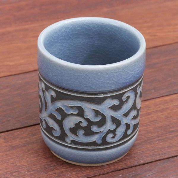 Alternate image for Ornate Blue Celadon Ceramic Teacup from Thailand Blue Kanok