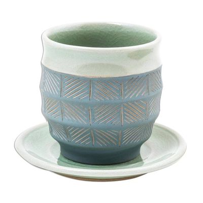 Alternate image for Celadon Ceramic Cup and Saucer in Green from Thailand Verdant Comfort