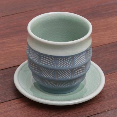 Alternate image for Celadon Ceramic Cup and Saucer in Green from Thailand Verdant Comfort