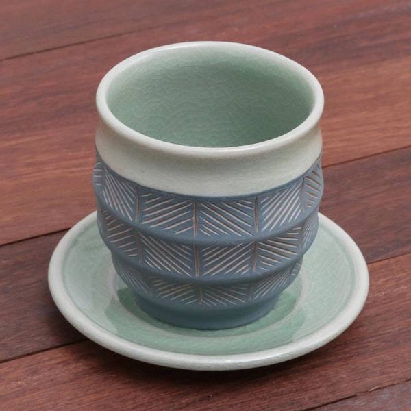 Alternate image for Celadon Ceramic Cup and Saucer in Green from Thailand Verdant Comfort