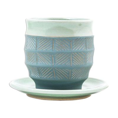 Alternate image for Celadon Ceramic Cup and Saucer in Green from Thailand Verdant Comfort