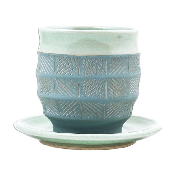 Alternate image for Celadon Ceramic Cup and Saucer in Green from Thailand Verdant Comfort