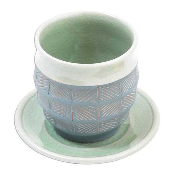 Alternate image for Celadon Ceramic Cup and Saucer in Green from Thailand Verdant Comfort