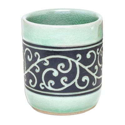 Alternate image for Aqua Celadon Ceramic Teacup from Thailand Kanok Tendrils