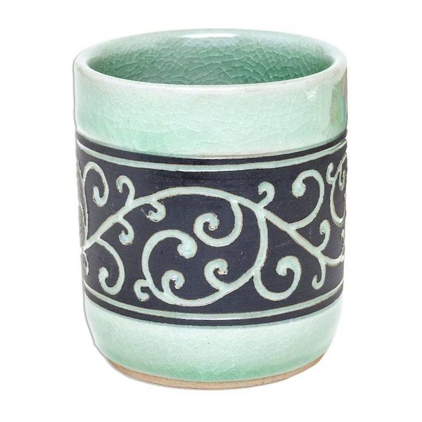 Alternate image for Aqua Celadon Ceramic Teacup from Thailand Kanok Tendrils