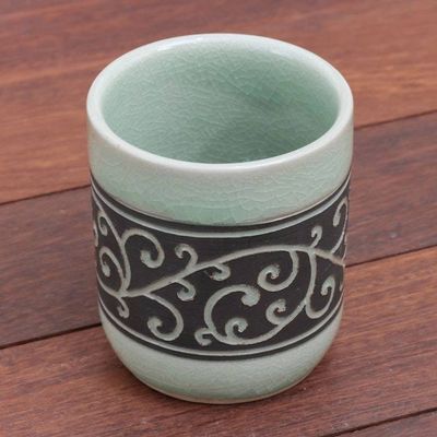 Alternate image for Aqua Celadon Ceramic Teacup from Thailand Kanok Tendrils