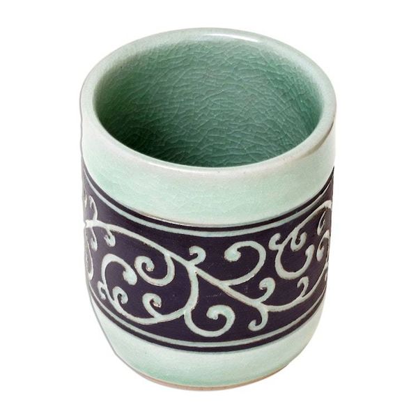 Alternate image for Aqua Celadon Ceramic Teacup from Thailand Kanok Tendrils