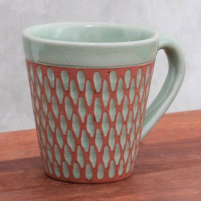 Alternate image for Handcrafted Green Incised Celadon Ceramic Mug Ginger Green Honeycomb