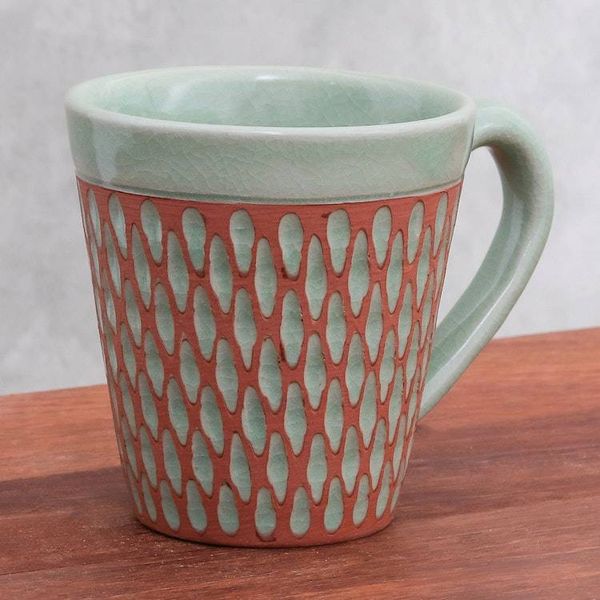 Alternate image for Handcrafted Green Incised Celadon Ceramic Mug Ginger Green Honeycomb