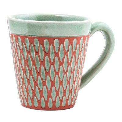 Alternate image for Handcrafted Green Incised Celadon Ceramic Mug Ginger Green Honeycomb