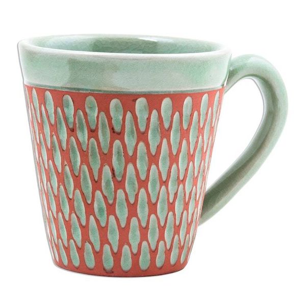 Alternate image for Handcrafted Green Incised Celadon Ceramic Mug Ginger Green Honeycomb