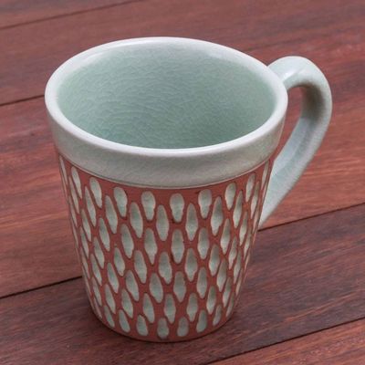 Alternate image for Handcrafted Green Incised Celadon Ceramic Mug Ginger Green Honeycomb
