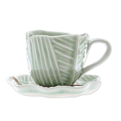 Alternate image for Leaf-Themed Celadon Ceramic Teacup and Saucer from Thailand Tea Leaf