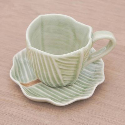 Alternate image for Leaf-Themed Celadon Ceramic Teacup and Saucer from Thailand Tea Leaf