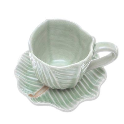 Alternate image for Leaf-Themed Celadon Ceramic Teacup and Saucer from Thailand Tea Leaf