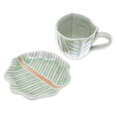 Alternate image for Leaf-Themed Celadon Ceramic Teacup and Saucer from Thailand Tea Leaf