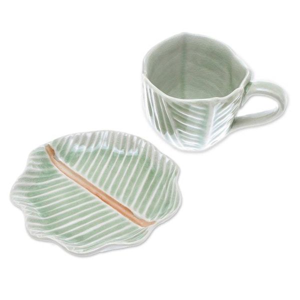 Alternate image for Leaf-Themed Celadon Ceramic Teacup and Saucer from Thailand Tea Leaf