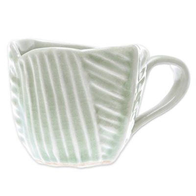 Alternate image for Leaf-Themed Celadon Ceramic Teacup and Saucer from Thailand Tea Leaf