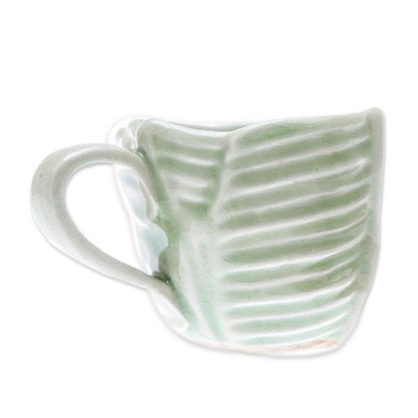 Alternate image for Leaf-Themed Celadon Ceramic Teacup and Saucer from Thailand Tea Leaf