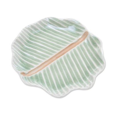 Alternate image for Leaf-Themed Celadon Ceramic Teacup and Saucer from Thailand Tea Leaf