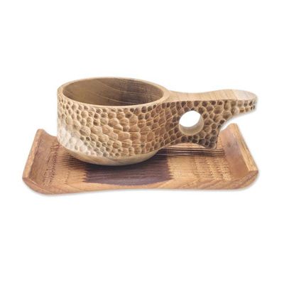Alternate image for Handmade Teak Wood Cup and Saucer in Light Brown Natural Blend in Light Brown
