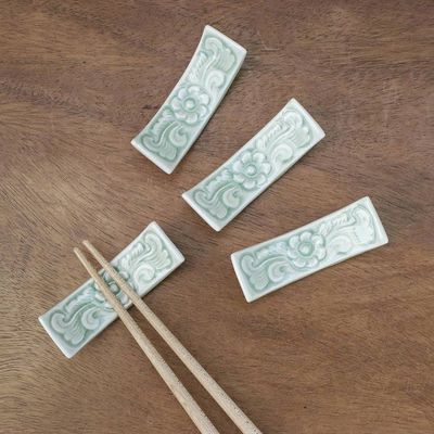 Alternate image for Floral Celadon Ceramic Chopstick Rests Set of 4 Flower Cuisine