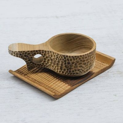 Alternate image for Handmade Teak Wood Cup and Saucer in Light Brown Natural Blend in Light Brown