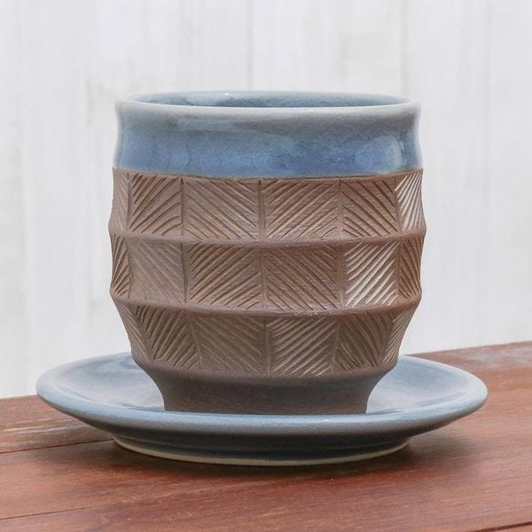 Alternate image for Blue and Brown Celadon Ceramic Cup and Saucer from Thailand Comfort Etches