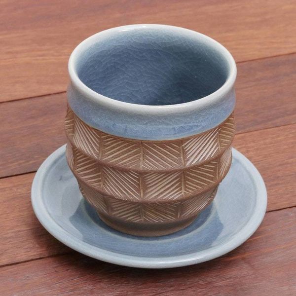 Alternate image for Blue and Brown Celadon Ceramic Cup and Saucer from Thailand Comfort Etches