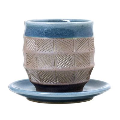 Alternate image for Blue and Brown Celadon Ceramic Cup and Saucer from Thailand Comfort Etches
