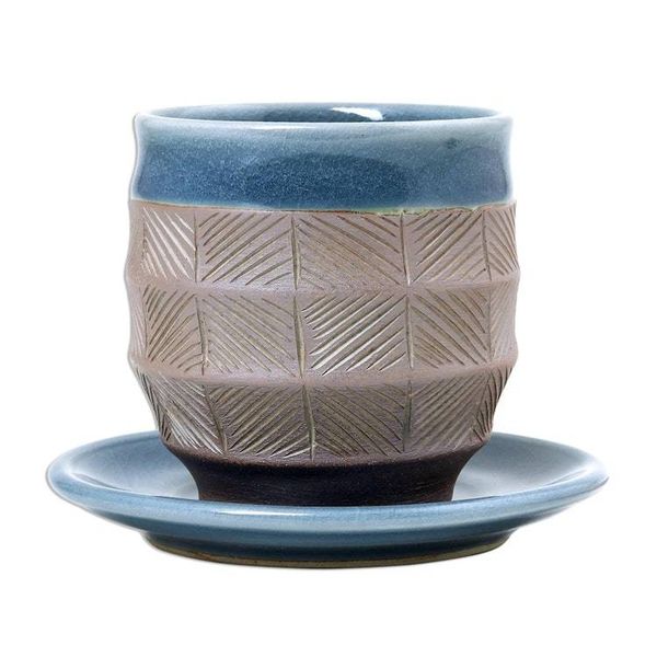 Alternate image for Blue and Brown Celadon Ceramic Cup and Saucer from Thailand Comfort Etches