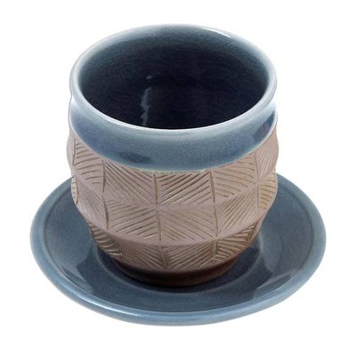Alternate image for Blue and Brown Celadon Ceramic Cup and Saucer from Thailand Comfort Etches