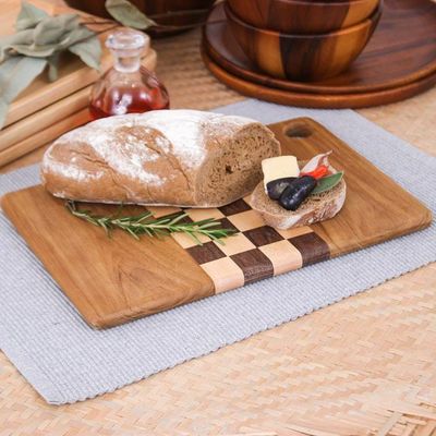 Alternate image for Checked Teak Wood Cutting Board Crafted in Thailand Cooking Challenge