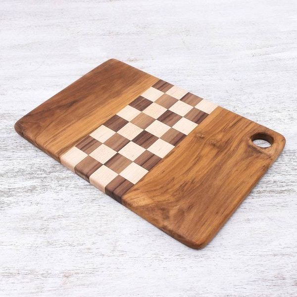 Alternate image for Checked Teak Wood Cutting Board Crafted in Thailand Cooking Challenge