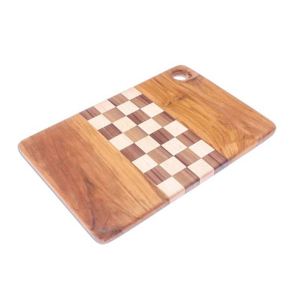 Alternate image for Checked Teak Wood Cutting Board Crafted in Thailand Cooking Challenge