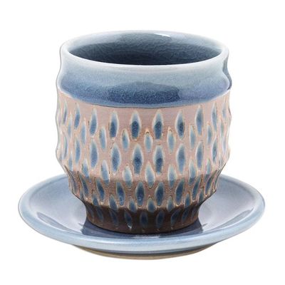 Alternate image for Rain Motif Celadon Ceramic Cup and Saucer from Thailand Blue Falls