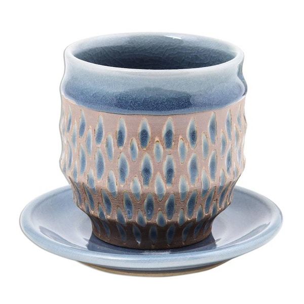 Alternate image for Rain Motif Celadon Ceramic Cup and Saucer from Thailand Blue Falls