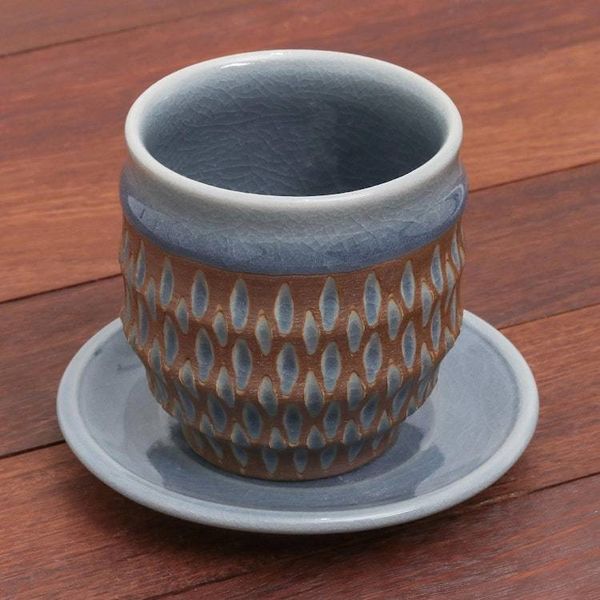 Alternate image for Rain Motif Celadon Ceramic Cup and Saucer from Thailand Blue Falls