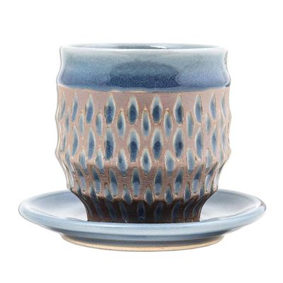 Alternate image for Rain Motif Celadon Ceramic Cup and Saucer from Thailand Blue Falls