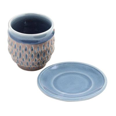Alternate image for Rain Motif Celadon Ceramic Cup and Saucer from Thailand Blue Falls