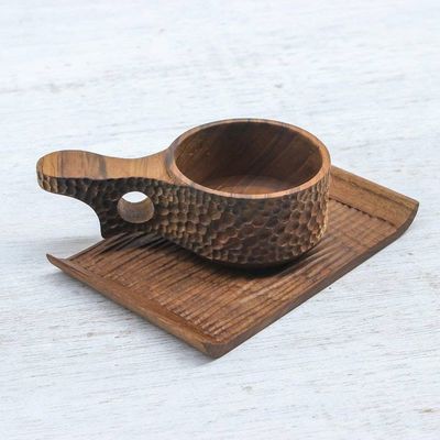 Alternate image for Handmade Teak Wood Cup and Saucer in Dark Brown Natural Blend in Dark Brown