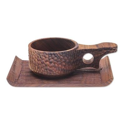 Alternate image for Handmade Teak Wood Cup and Saucer in Dark Brown Natural Blend in Dark Brown