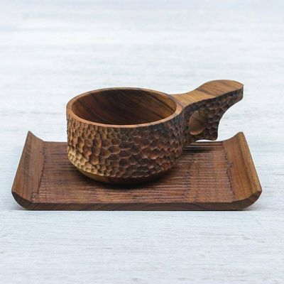 Alternate image for Handmade Teak Wood Cup and Saucer in Dark Brown Natural Blend in Dark Brown