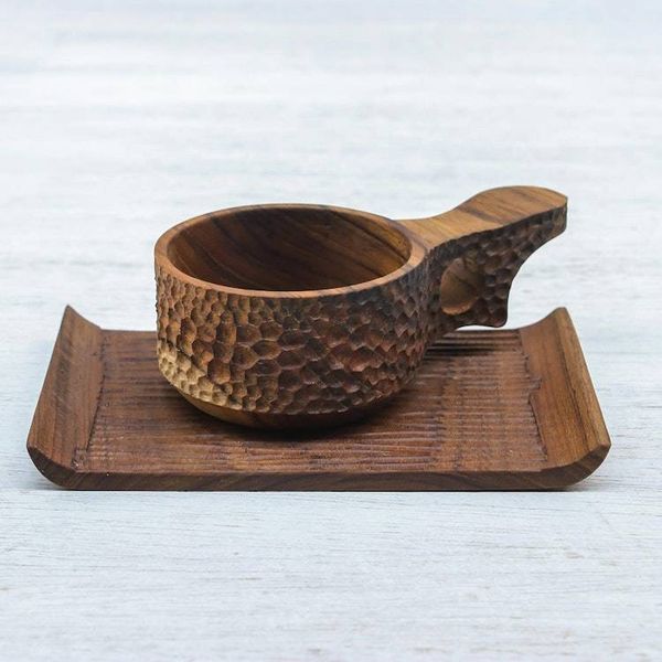 Alternate image for Handmade Teak Wood Cup and Saucer in Dark Brown Natural Blend in Dark Brown