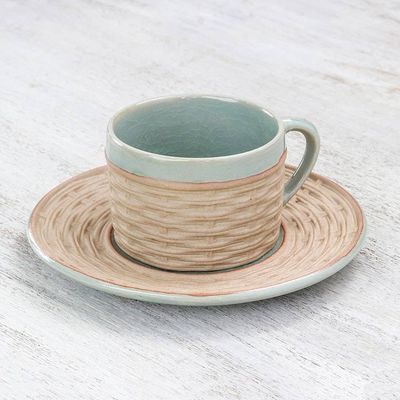 Alternate image for Handcrafted Wicker Motif Celadon Ceramic Cup and Saucer Wicker in Green